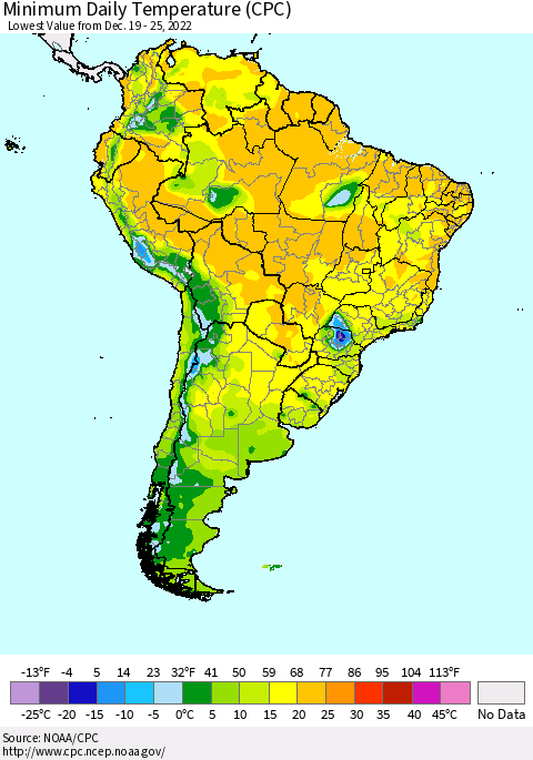South America Minimum Daily Temperature (CPC) Thematic Map For 12/19/2022 - 12/25/2022