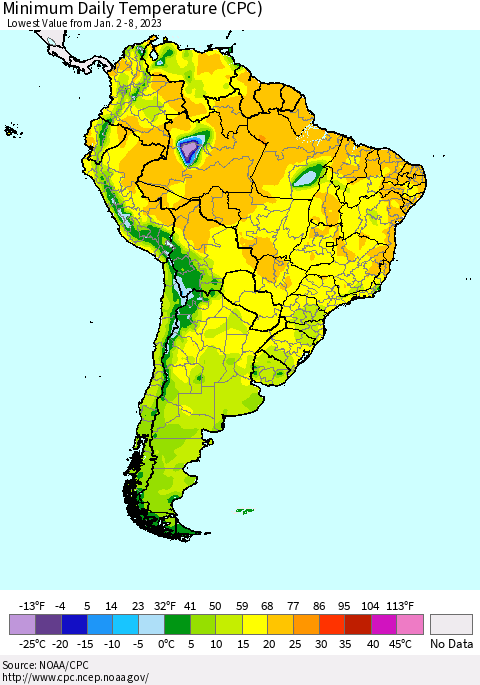 South America Minimum Daily Temperature (CPC) Thematic Map For 1/2/2023 - 1/8/2023