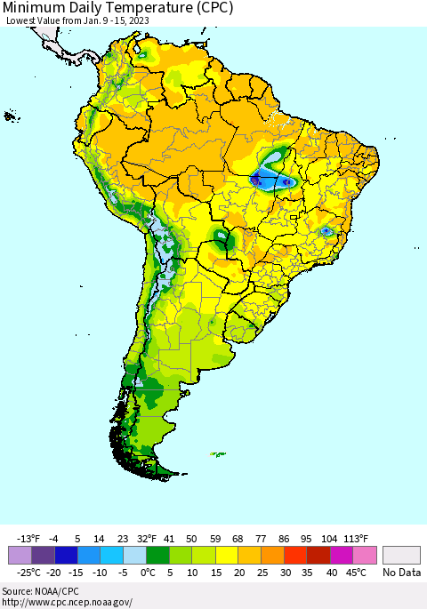 South America Minimum Daily Temperature (CPC) Thematic Map For 1/9/2023 - 1/15/2023