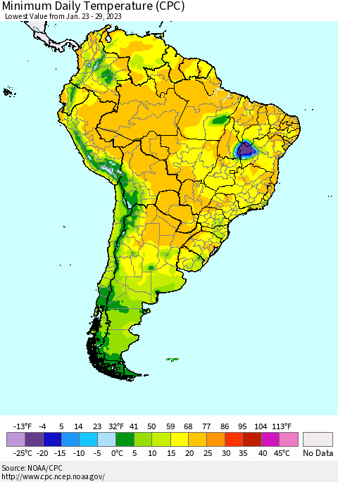 South America Minimum Daily Temperature (CPC) Thematic Map For 1/23/2023 - 1/29/2023
