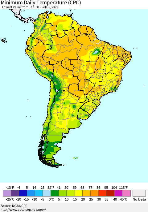 South America Minimum Daily Temperature (CPC) Thematic Map For 1/30/2023 - 2/5/2023