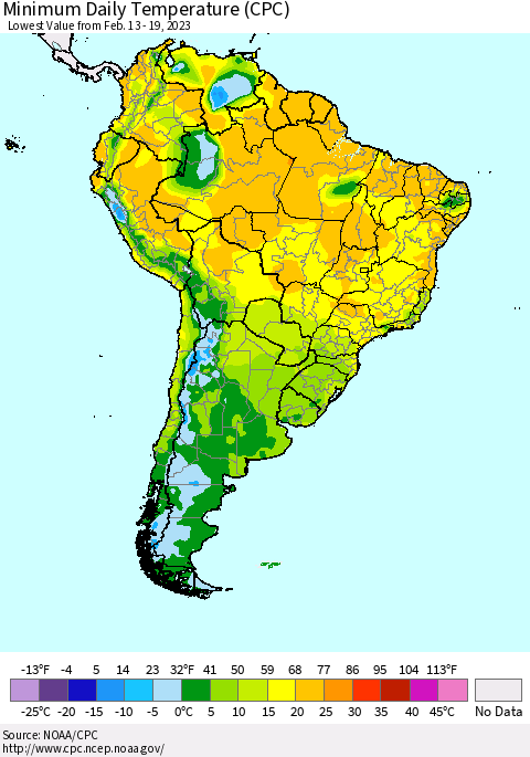 South America Minimum Daily Temperature (CPC) Thematic Map For 2/13/2023 - 2/19/2023