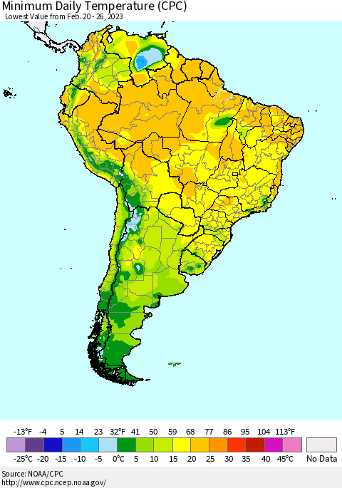 South America Minimum Daily Temperature (CPC) Thematic Map For 2/20/2023 - 2/26/2023