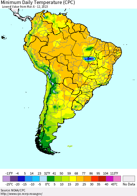South America Minimum Daily Temperature (CPC) Thematic Map For 3/6/2023 - 3/12/2023
