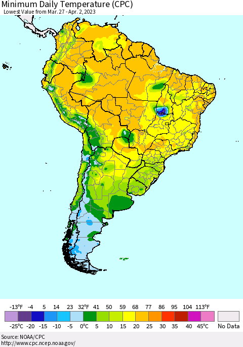 South America Minimum Daily Temperature (CPC) Thematic Map For 3/27/2023 - 4/2/2023