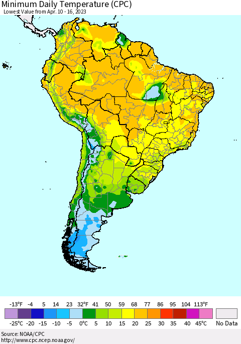 South America Minimum Daily Temperature (CPC) Thematic Map For 4/10/2023 - 4/16/2023