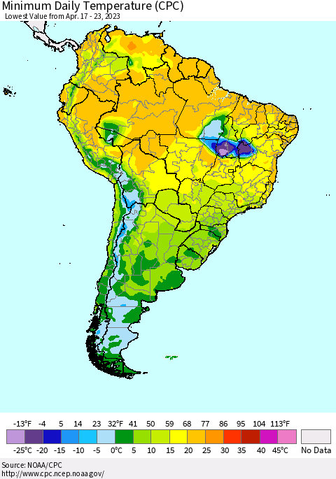 South America Minimum Daily Temperature (CPC) Thematic Map For 4/17/2023 - 4/23/2023
