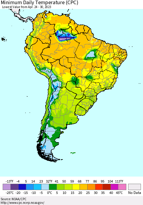 South America Minimum Daily Temperature (CPC) Thematic Map For 4/24/2023 - 4/30/2023