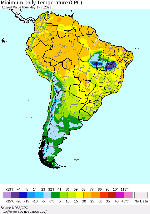 South America Minimum Daily Temperature (CPC) Thematic Map For 5/1/2023 - 5/7/2023