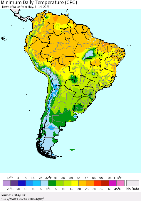 South America Minimum Daily Temperature (CPC) Thematic Map For 5/8/2023 - 5/14/2023