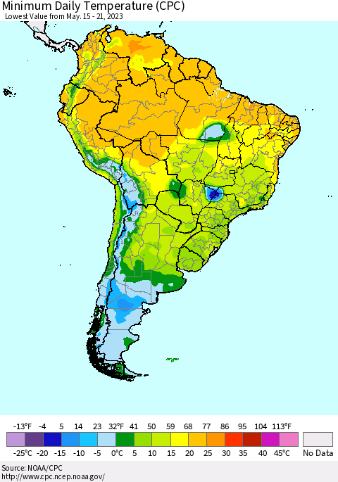 South America Minimum Daily Temperature (CPC) Thematic Map For 5/15/2023 - 5/21/2023