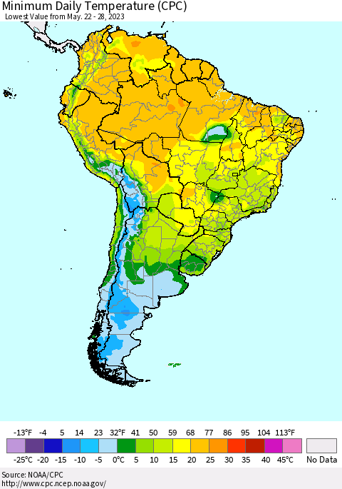 South America Minimum Daily Temperature (CPC) Thematic Map For 5/22/2023 - 5/28/2023