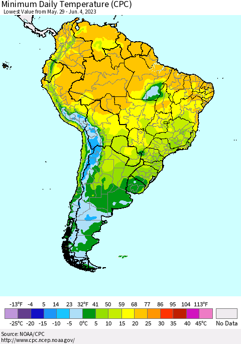 South America Minimum Daily Temperature (CPC) Thematic Map For 5/29/2023 - 6/4/2023