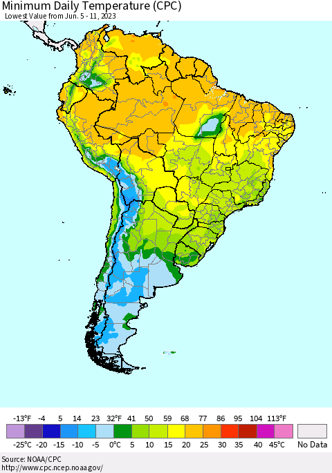 South America Minimum Daily Temperature (CPC) Thematic Map For 6/5/2023 - 6/11/2023