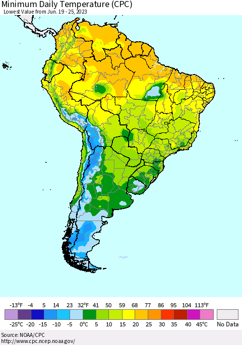 South America Minimum Daily Temperature (CPC) Thematic Map For 6/19/2023 - 6/25/2023
