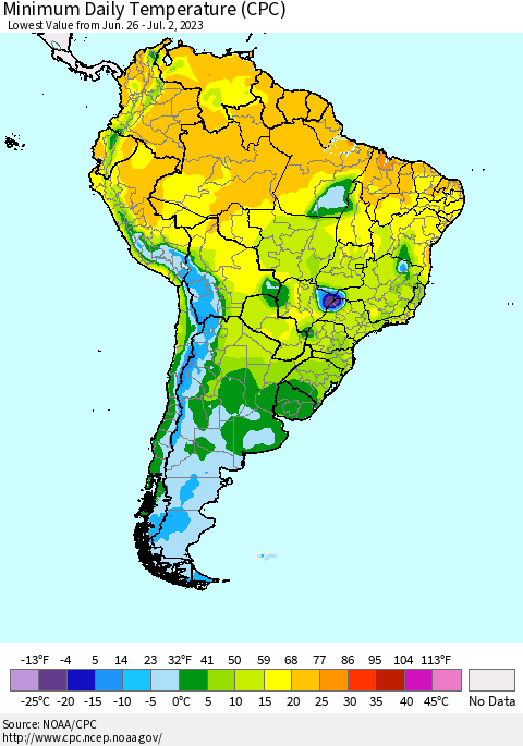 South America Minimum Daily Temperature (CPC) Thematic Map For 6/26/2023 - 7/2/2023