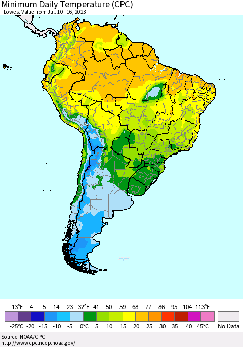 South America Minimum Daily Temperature (CPC) Thematic Map For 7/10/2023 - 7/16/2023