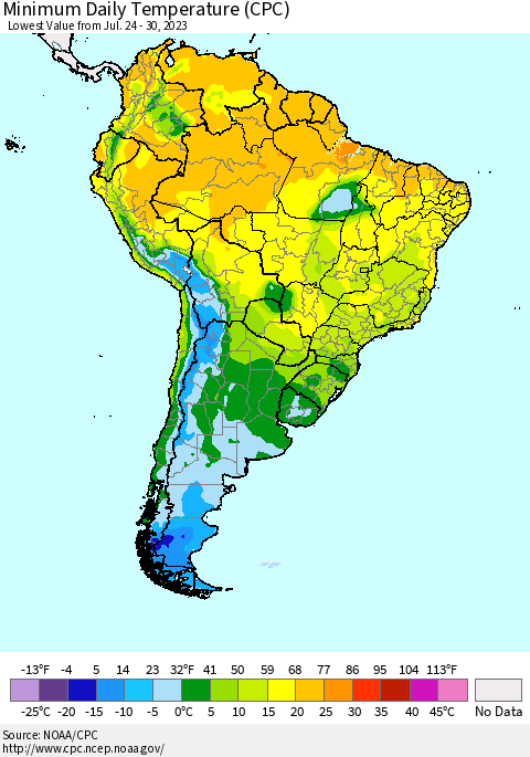 South America Minimum Daily Temperature (CPC) Thematic Map For 7/24/2023 - 7/30/2023