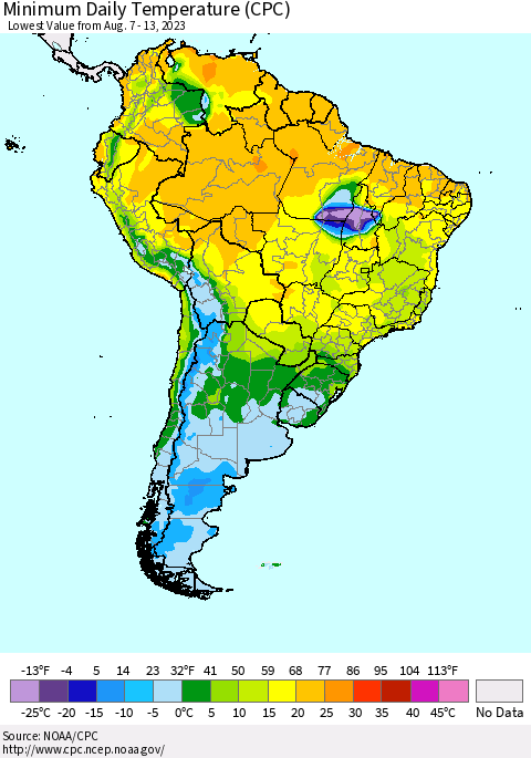 South America Minimum Daily Temperature (CPC) Thematic Map For 8/7/2023 - 8/13/2023