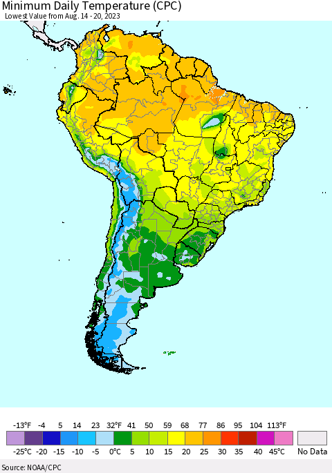 South America Minimum Daily Temperature (CPC) Thematic Map For 8/14/2023 - 8/20/2023
