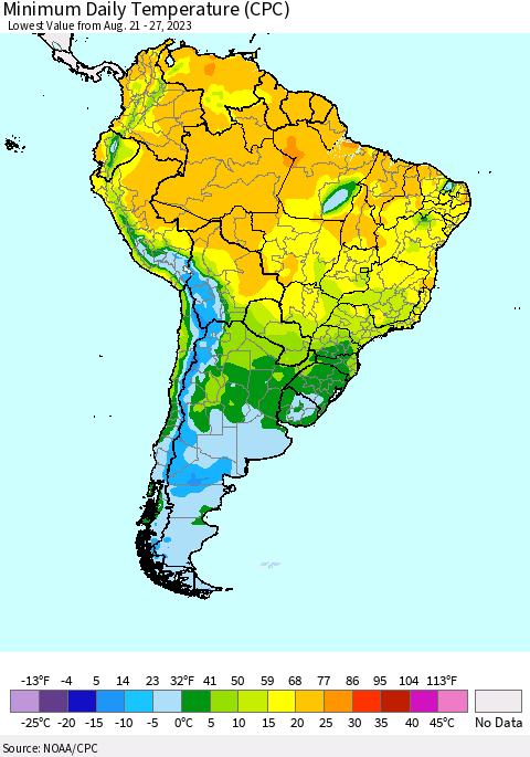 South America Minimum Daily Temperature (CPC) Thematic Map For 8/21/2023 - 8/27/2023