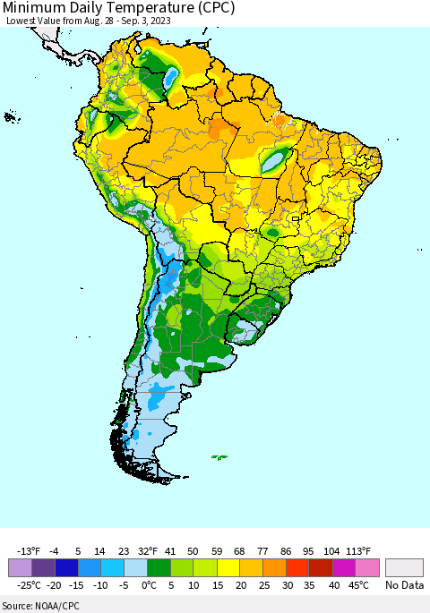 South America Minimum Daily Temperature (CPC) Thematic Map For 8/28/2023 - 9/3/2023