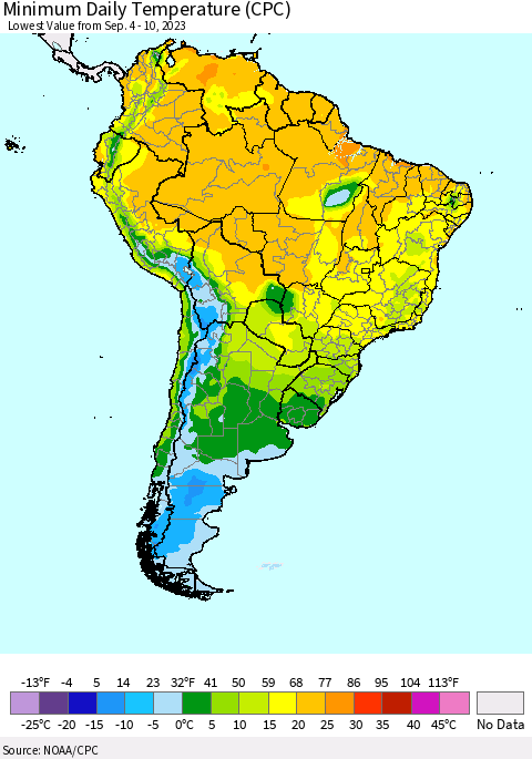 South America Minimum Daily Temperature (CPC) Thematic Map For 9/4/2023 - 9/10/2023