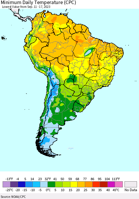 South America Minimum Daily Temperature (CPC) Thematic Map For 9/11/2023 - 9/17/2023