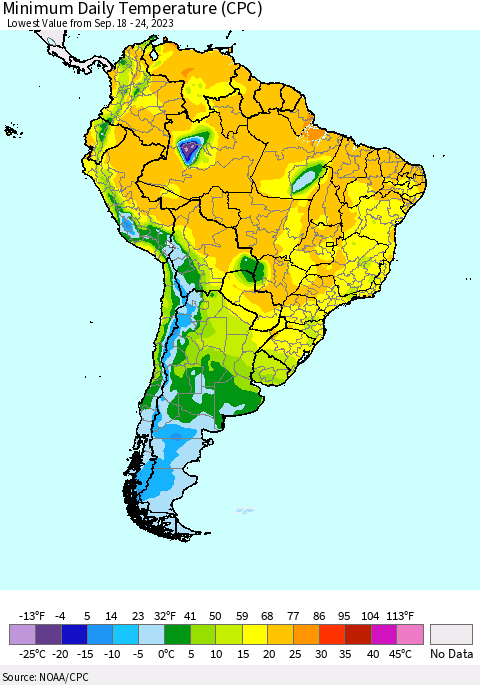 South America Minimum Daily Temperature (CPC) Thematic Map For 9/18/2023 - 9/24/2023
