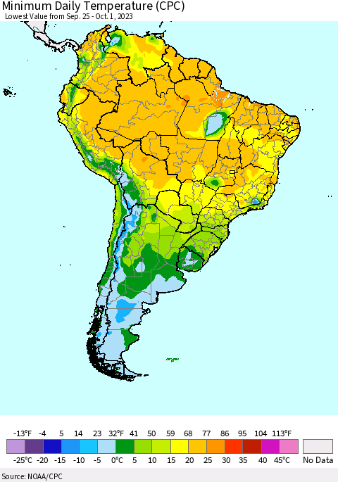 South America Minimum Daily Temperature (CPC) Thematic Map For 9/25/2023 - 10/1/2023