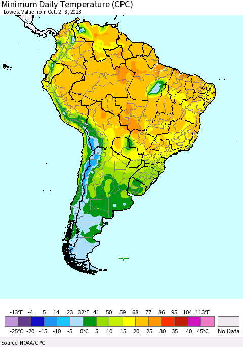 South America Minimum Daily Temperature (CPC) Thematic Map For 10/2/2023 - 10/8/2023