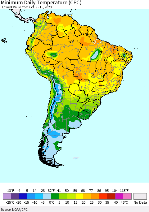 South America Minimum Daily Temperature (CPC) Thematic Map For 10/9/2023 - 10/15/2023