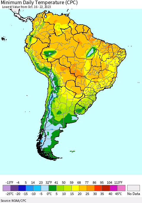 South America Minimum Daily Temperature (CPC) Thematic Map For 10/16/2023 - 10/22/2023