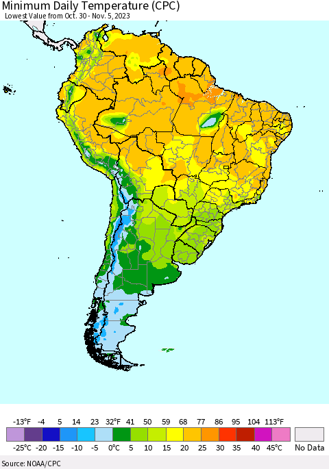 South America Minimum Daily Temperature (CPC) Thematic Map For 10/30/2023 - 11/5/2023