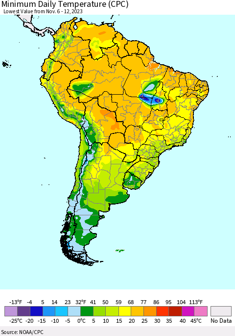 South America Minimum Daily Temperature (CPC) Thematic Map For 11/6/2023 - 11/12/2023