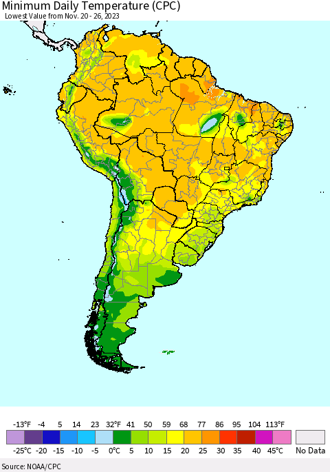 South America Minimum Daily Temperature (CPC) Thematic Map For 11/20/2023 - 11/26/2023