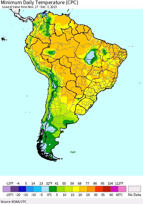South America Minimum Daily Temperature (CPC) Thematic Map For 11/27/2023 - 12/3/2023