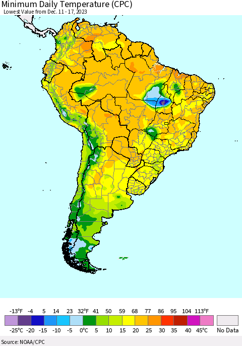 South America Minimum Daily Temperature (CPC) Thematic Map For 12/11/2023 - 12/17/2023