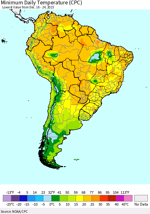 South America Minimum Daily Temperature (CPC) Thematic Map For 12/18/2023 - 12/24/2023