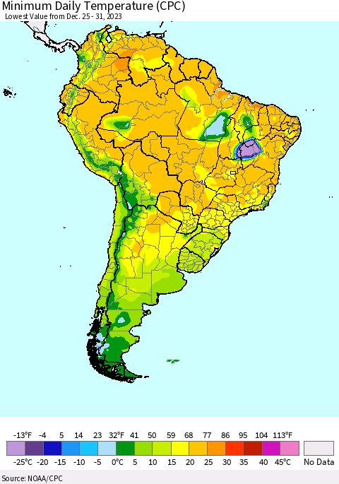 South America Minimum Daily Temperature (CPC) Thematic Map For 12/25/2023 - 12/31/2023