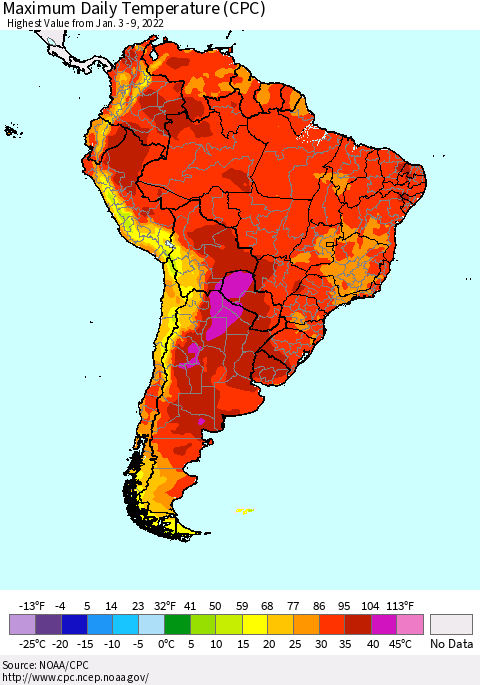 South America Maximum Daily Temperature (CPC) Thematic Map For 1/3/2022 - 1/9/2022