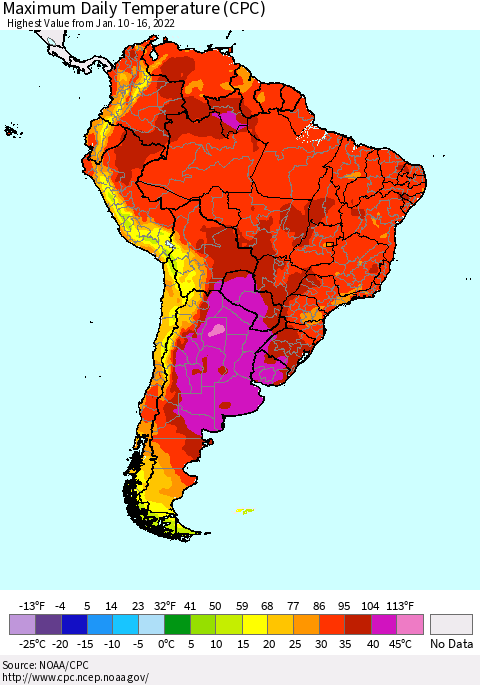 South America Maximum Daily Temperature (CPC) Thematic Map For 1/10/2022 - 1/16/2022