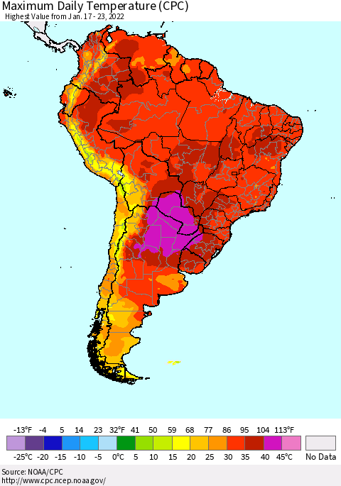 South America Maximum Daily Temperature (CPC) Thematic Map For 1/17/2022 - 1/23/2022