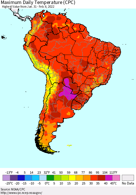 South America Maximum Daily Temperature (CPC) Thematic Map For 1/31/2022 - 2/6/2022