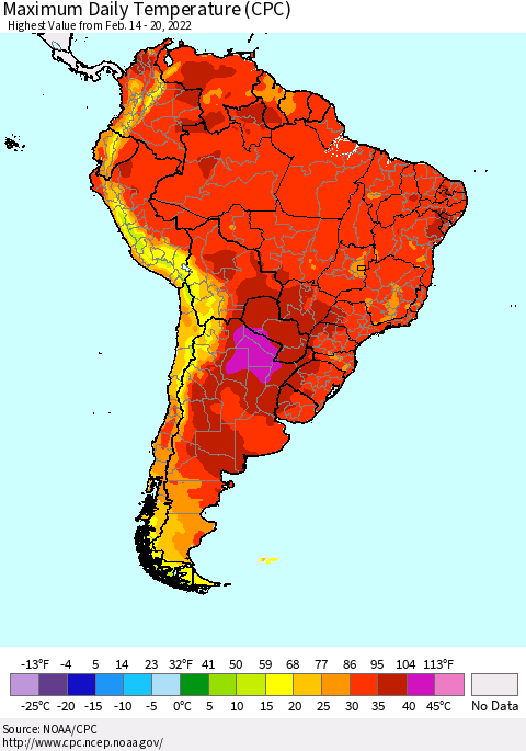 South America Maximum Daily Temperature (CPC) Thematic Map For 2/14/2022 - 2/20/2022