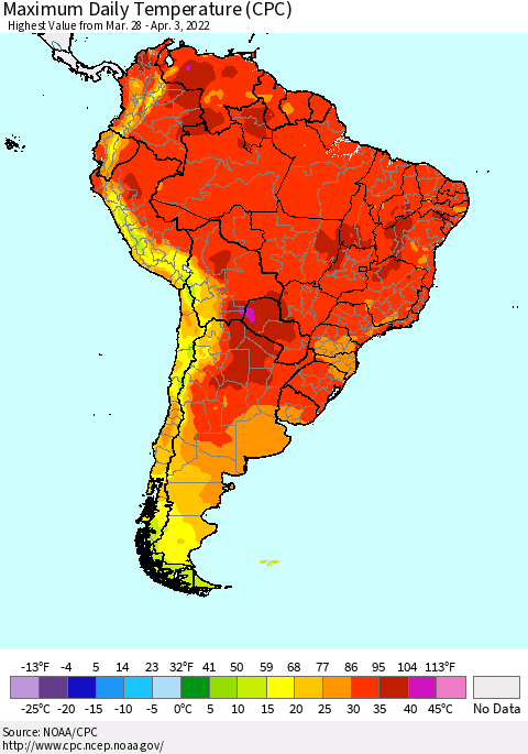 South America Maximum Daily Temperature (CPC) Thematic Map For 3/28/2022 - 4/3/2022