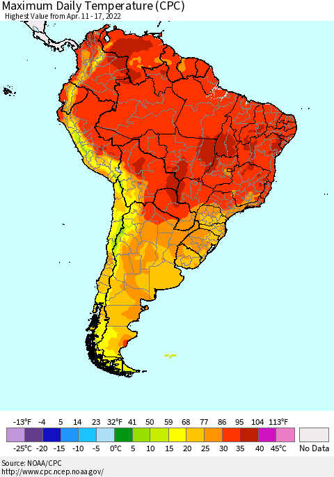 South America Maximum Daily Temperature (CPC) Thematic Map For 4/11/2022 - 4/17/2022
