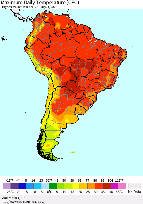 South America Maximum Daily Temperature (CPC) Thematic Map For 4/25/2022 - 5/1/2022