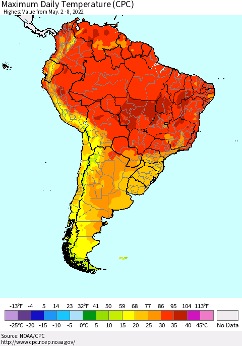 South America Maximum Daily Temperature (CPC) Thematic Map For 5/2/2022 - 5/8/2022