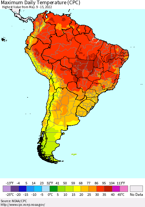 South America Maximum Daily Temperature (CPC) Thematic Map For 5/9/2022 - 5/15/2022